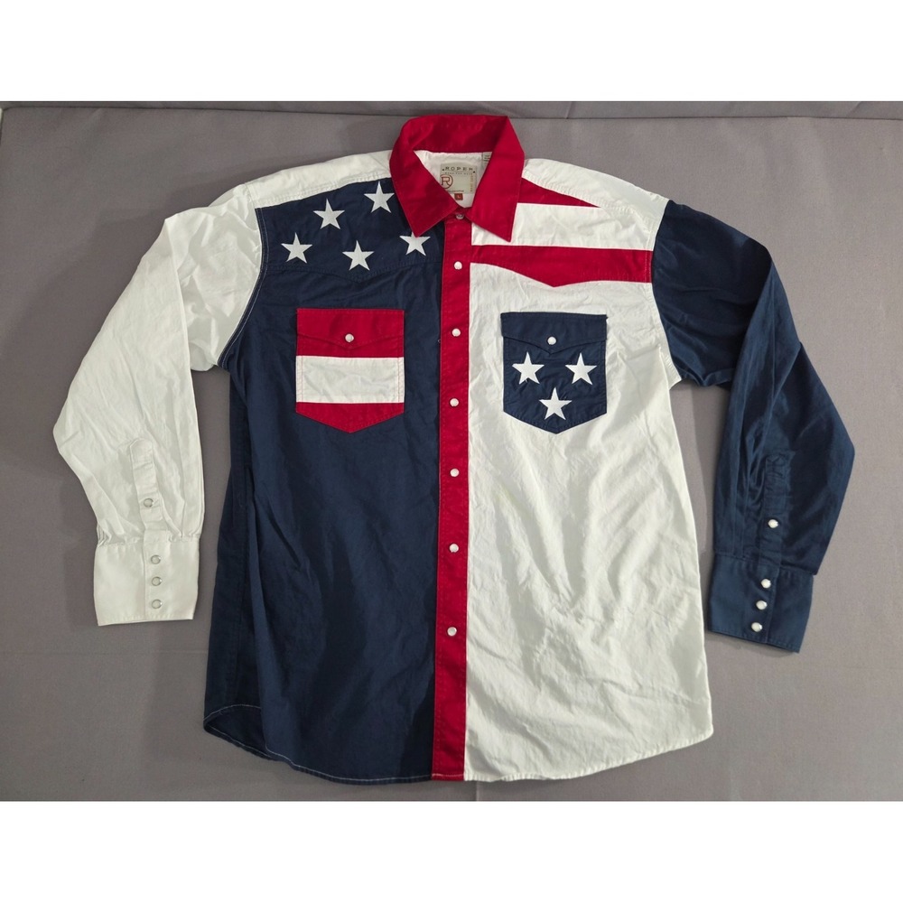 Roper Shirt Mens Large American Flag Themed Pearl Snap Western Stars & Stripes